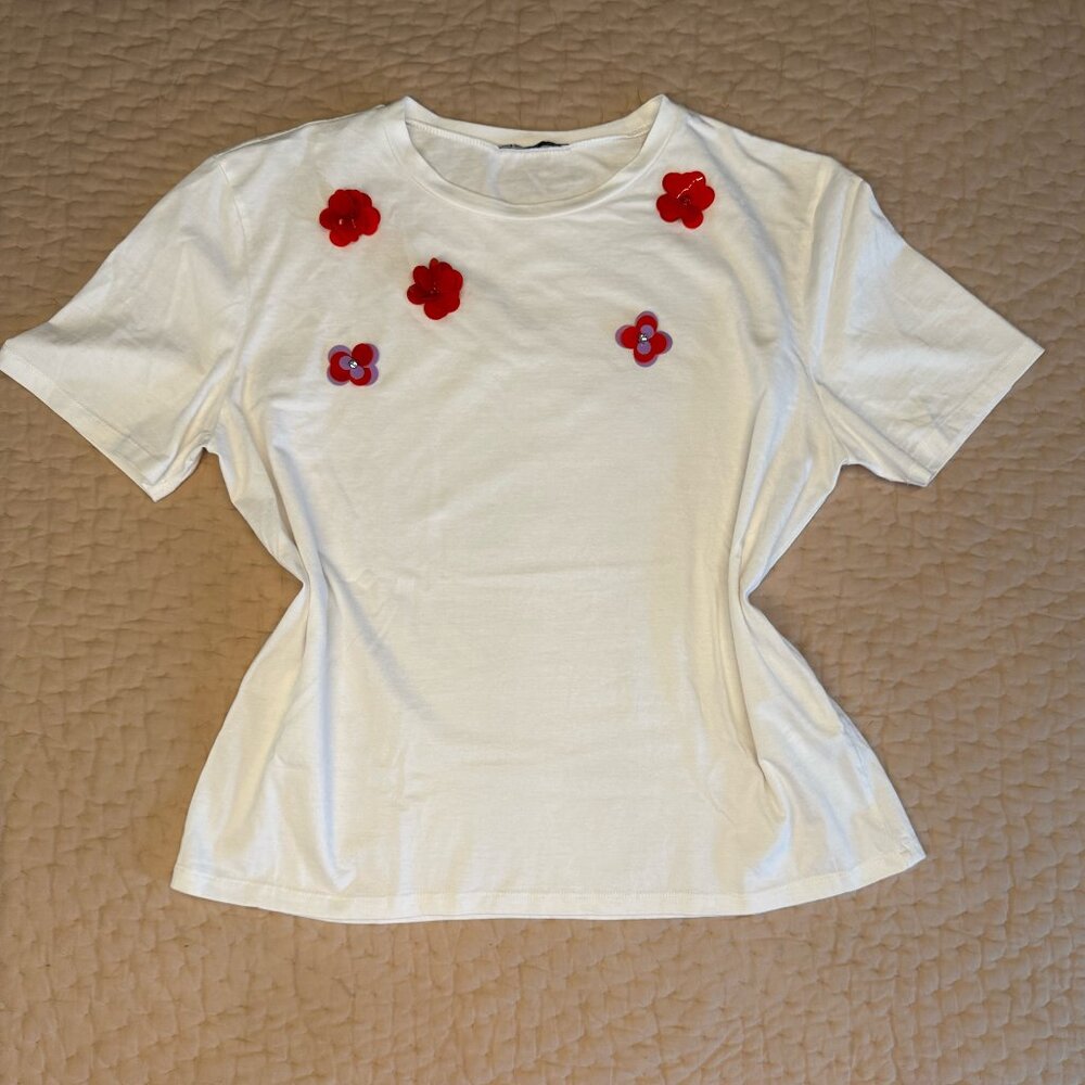 Zara White Floral Sequin Embellished T-Shirt